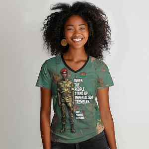 Burkina Faso Thomas Sankara Women V-Neck T-Shirt with Military Stance and Anti-Imperialist Quote Tribute Design - African Pride
