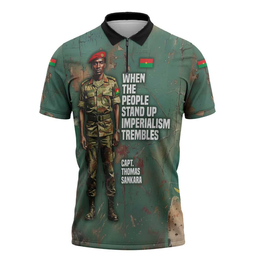 Burkina Faso Thomas Sankara Zipper Polo Shirt with Military Stance and Anti-Imperialist Quote Tribute Design - African Pride