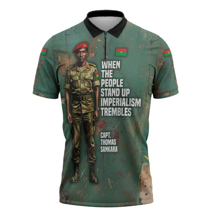 Burkina Faso Thomas Sankara Zipper Polo Shirt with Military Stance and Anti-Imperialist Quote Tribute Design - African Pride