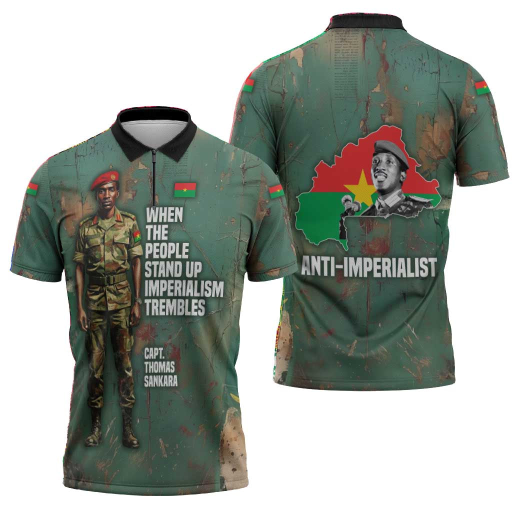 Burkina Faso Thomas Sankara Zipper Polo Shirt with Military Stance and Anti-Imperialist Quote Tribute Design - African Pride