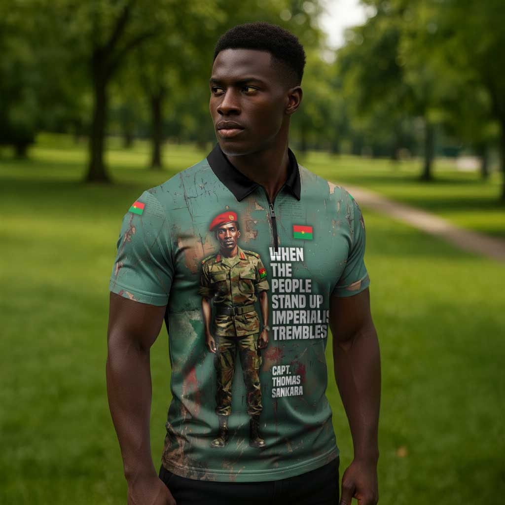 Burkina Faso Thomas Sankara Zipper Polo Shirt with Military Stance and Anti-Imperialist Quote Tribute Design - African Pride
