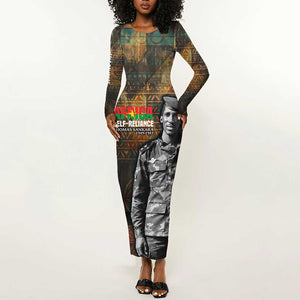 Thomas Sankara Long Sleeve Bodycon Dress Burkina Faso Africa Self-Reliance Message and Military Portrait - African Pride