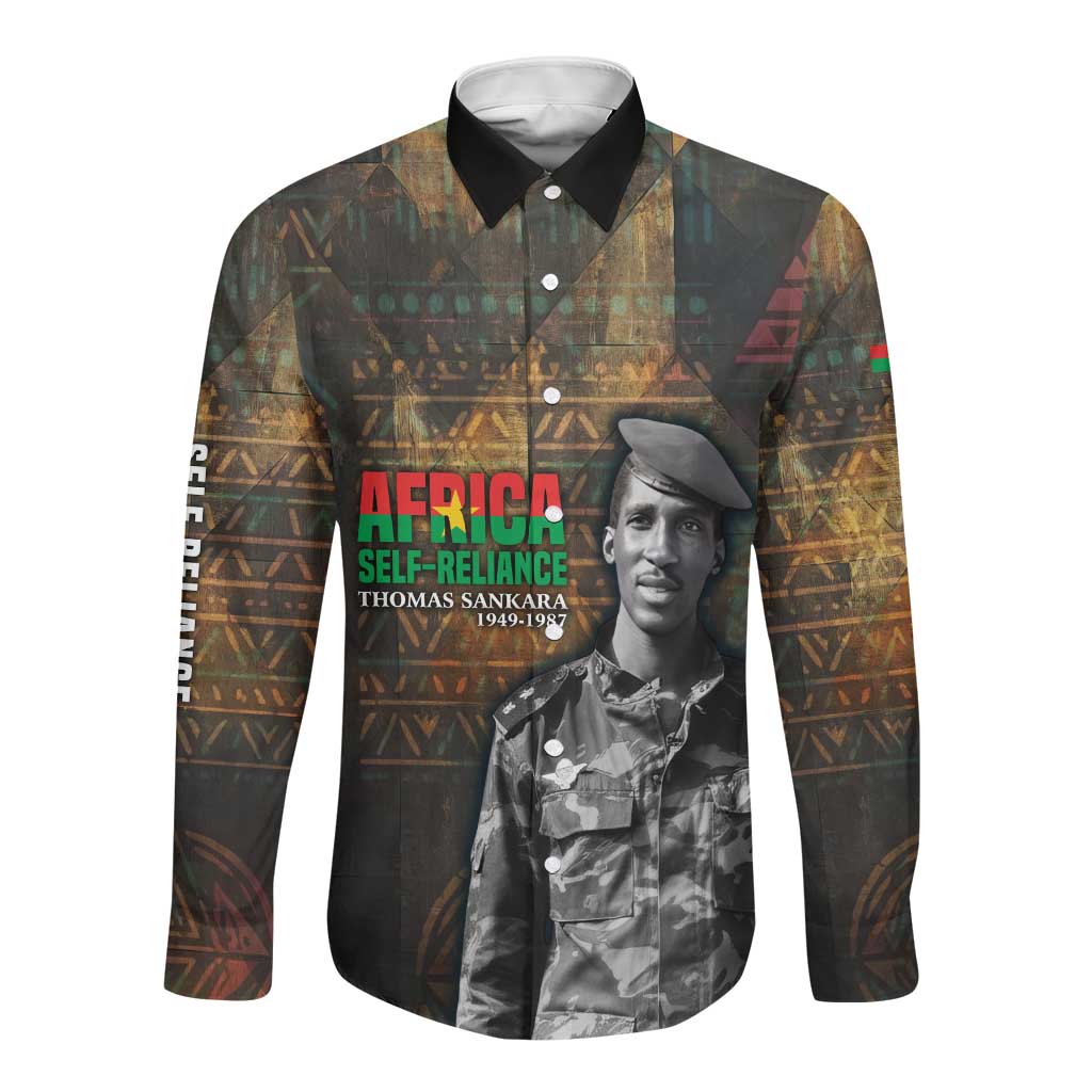 Thomas Sankara Long Sleeve Button Shirt Burkina Faso Africa Self-Reliance Message and Military Portrait - African Pride