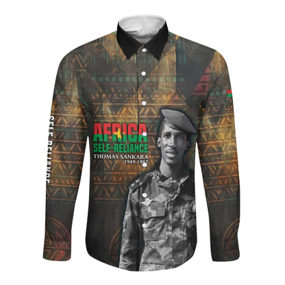 Thomas Sankara Long Sleeve Button Shirt Burkina Faso Africa Self-Reliance Message and Military Portrait - African Pride