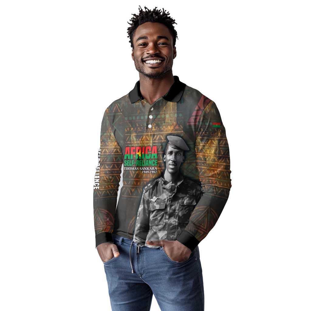 Thomas Sankara Long Sleeve Polo Shirt Burkina Faso Africa Self-Reliance Message and Military Portrait - African Pride
