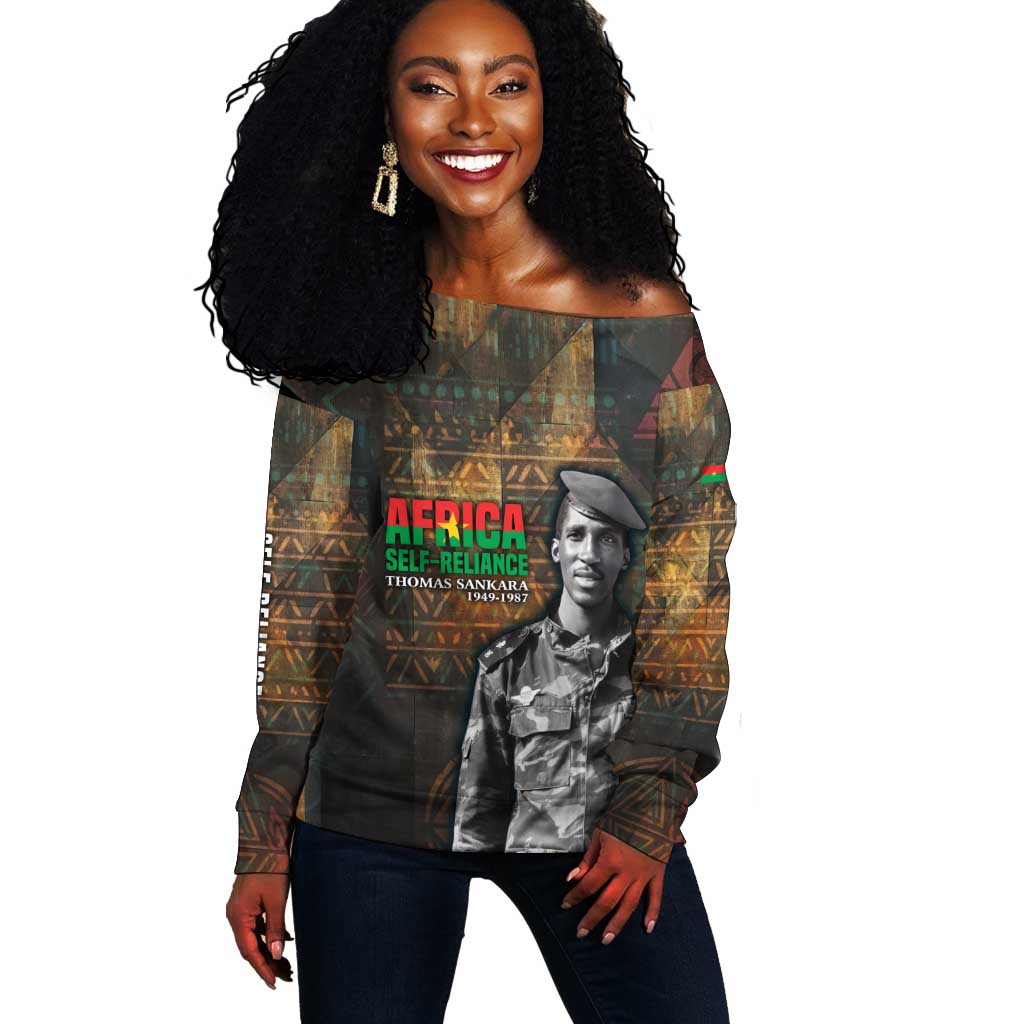 Thomas Sankara Off Shoulder Sweater Burkina Faso Africa Self-Reliance Message and Military Portrait - African Pride