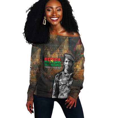 Thomas Sankara Off Shoulder Sweater Burkina Faso Africa Self-Reliance Message and Military Portrait - African Pride