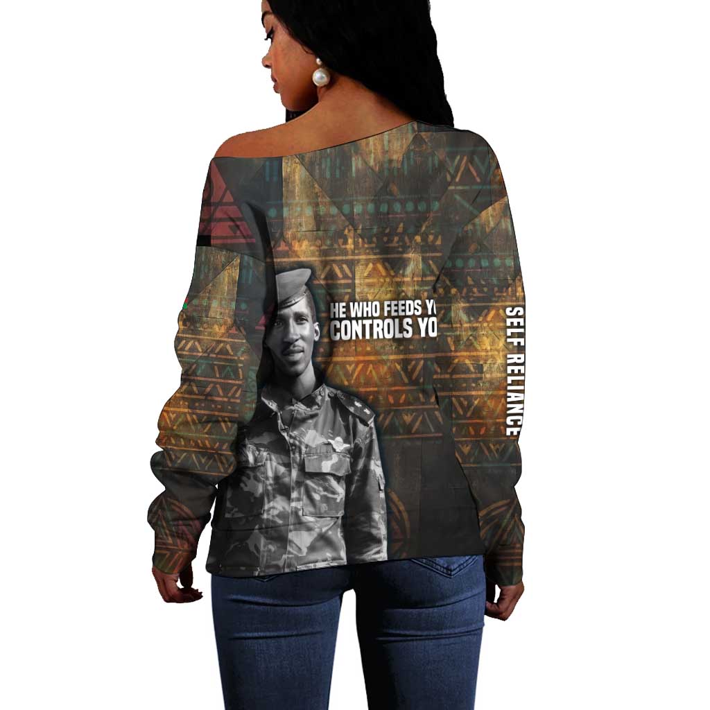 Thomas Sankara Off Shoulder Sweater Burkina Faso Africa Self-Reliance Message and Military Portrait - African Pride