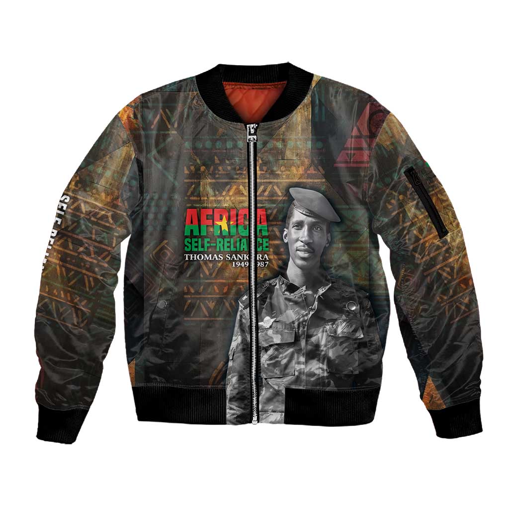 Thomas Sankara Sleeve Zip Bomber Jacket Burkina Faso Africa Self-Reliance Message and Military Portrait - African Pride