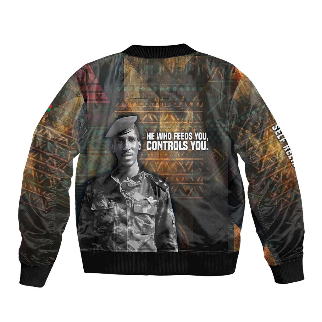 Thomas Sankara Sleeve Zip Bomber Jacket Burkina Faso Africa Self-Reliance Message and Military Portrait - African Pride