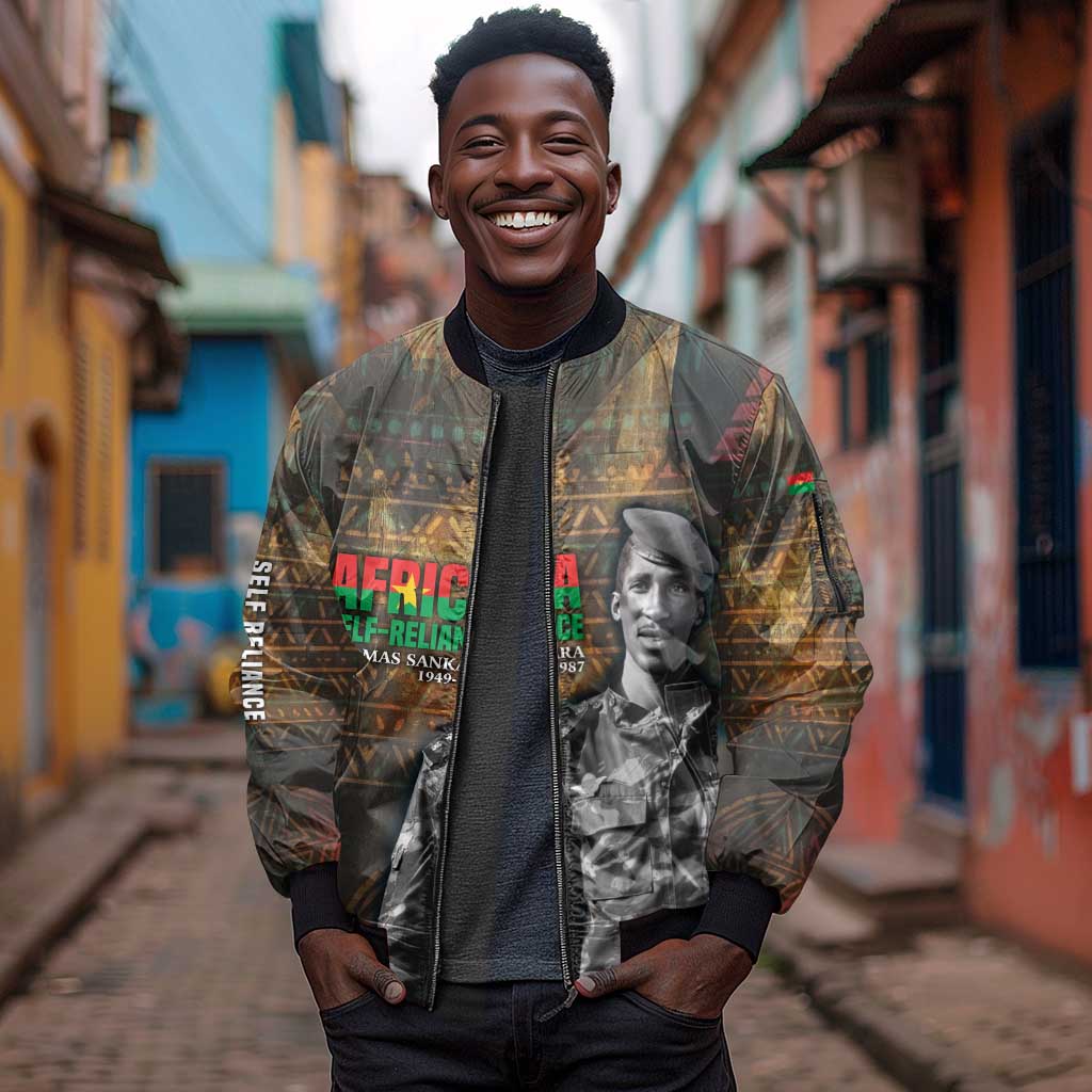 Thomas Sankara Sleeve Zip Bomber Jacket Burkina Faso Africa Self-Reliance Message and Military Portrait - African Pride