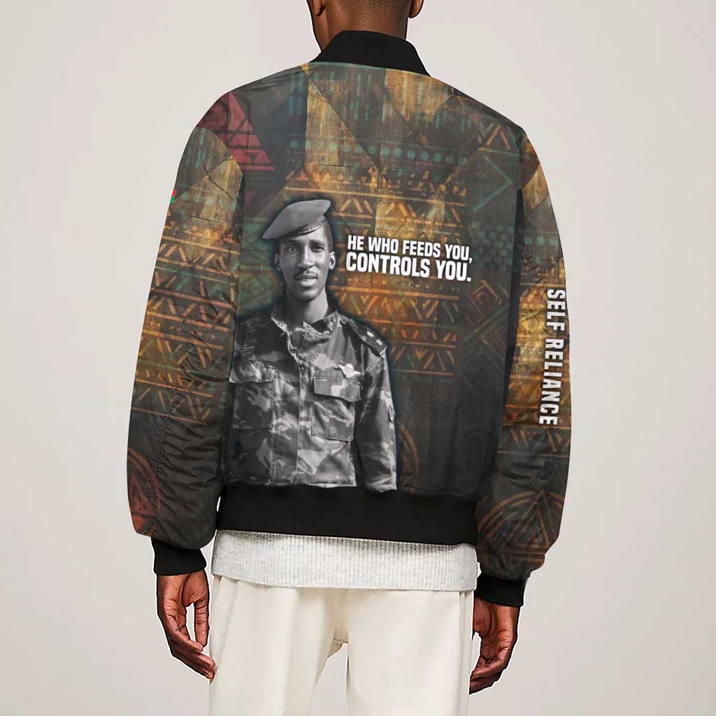 Thomas Sankara Sleeve Zip Bomber Jacket Burkina Faso Africa Self-Reliance Message and Military Portrait - African Pride