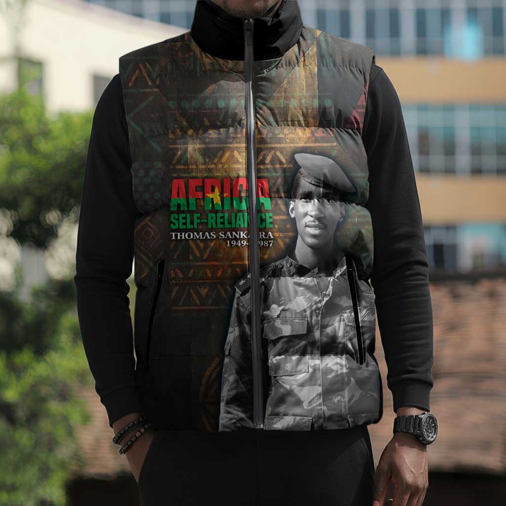 Thomas Sankara Sleeveless Puffer Jacket Burkina Faso Africa Self-Reliance Message and Military Portrait - African Pride