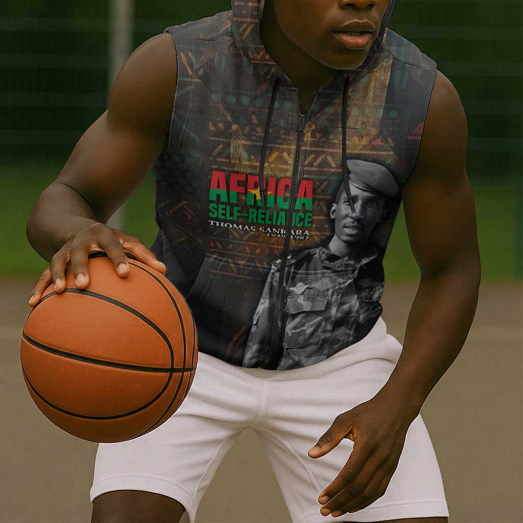 Thomas Sankara Sleeveless Zip Hoodie Burkina Faso Africa Self-Reliance Message and Military Portrait - African Pride