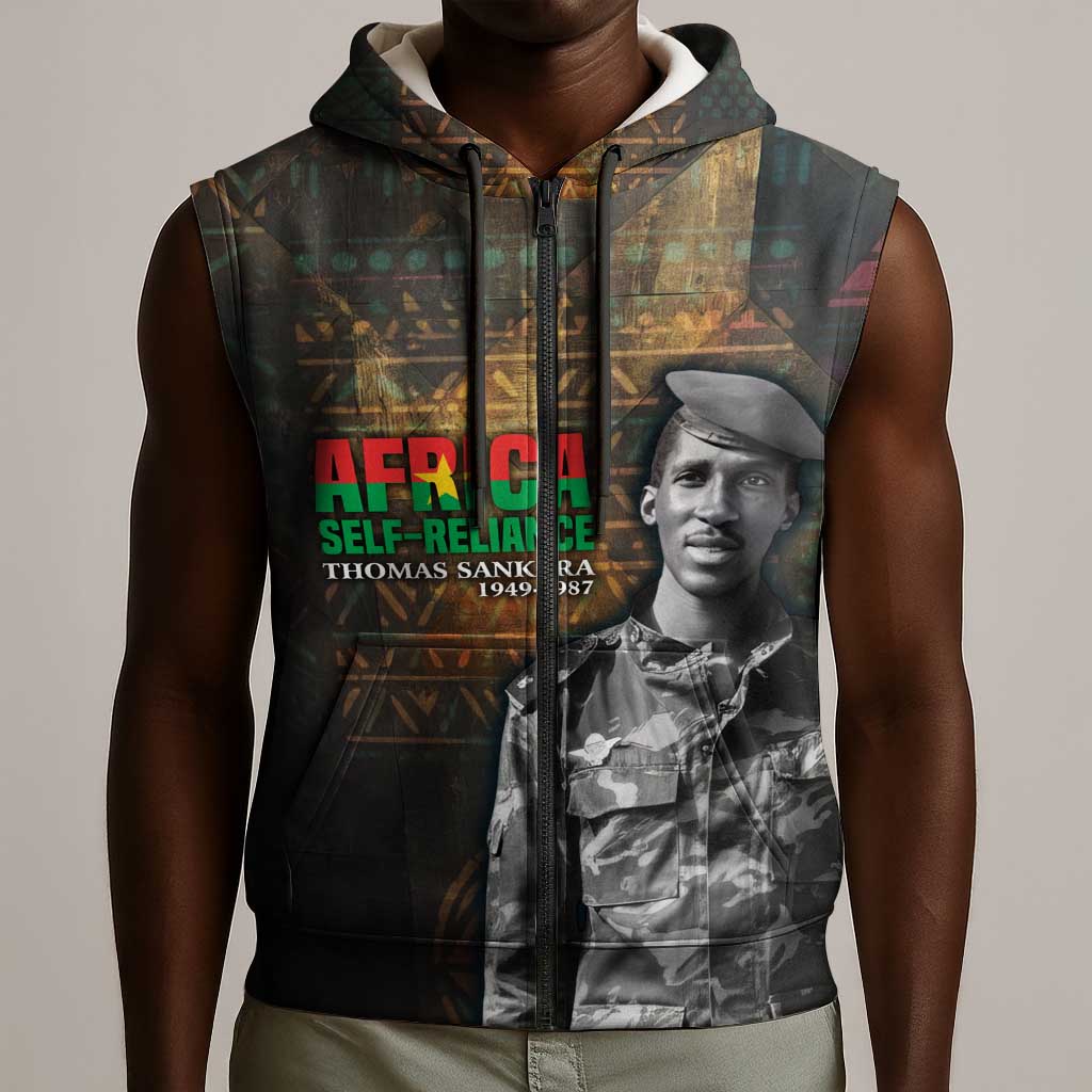 Thomas Sankara Sleeveless Zip Hoodie Burkina Faso Africa Self-Reliance Message and Military Portrait - African Pride