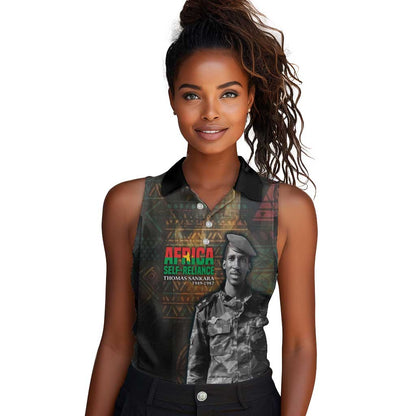 Thomas Sankara Women Sleeveless Polo Shirt Burkina Faso Africa Self-Reliance Message and Military Portrait - African Pride