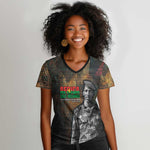 Thomas Sankara Women V-Neck T-Shirt Burkina Faso Africa Self-Reliance Message and Military Portrait - African Pride