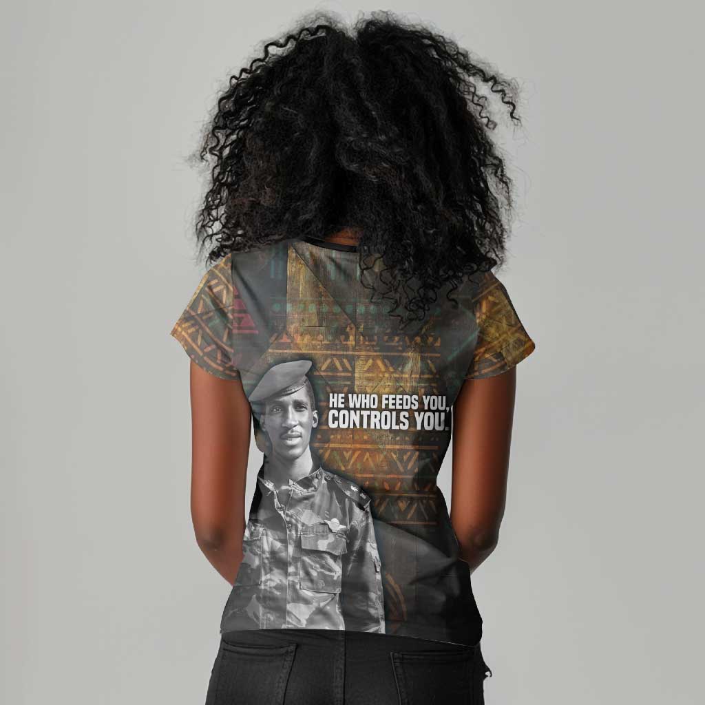 Thomas Sankara Women V-Neck T-Shirt Burkina Faso Africa Self-Reliance Message and Military Portrait - African Pride