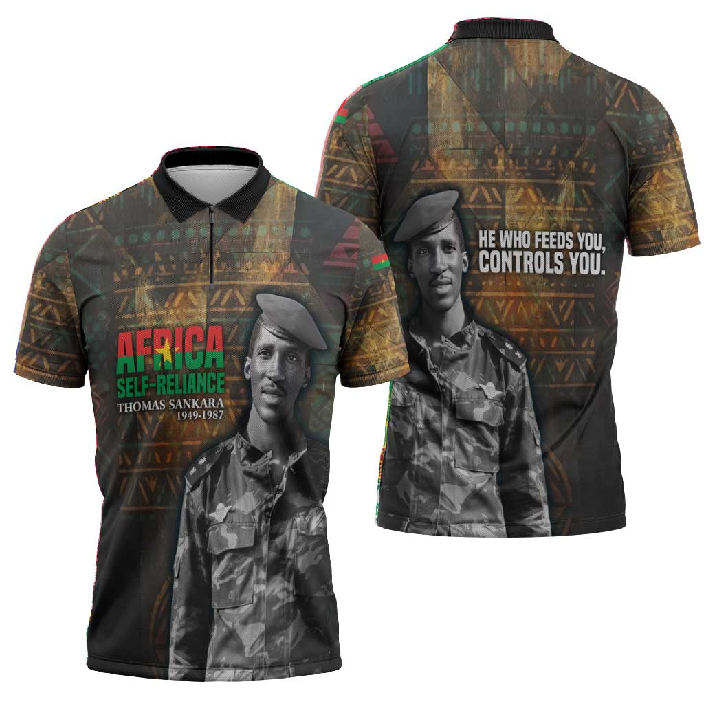 Thomas Sankara Zipper Polo Shirt Burkina Faso Africa Self-Reliance Message and Military Portrait - African Pride