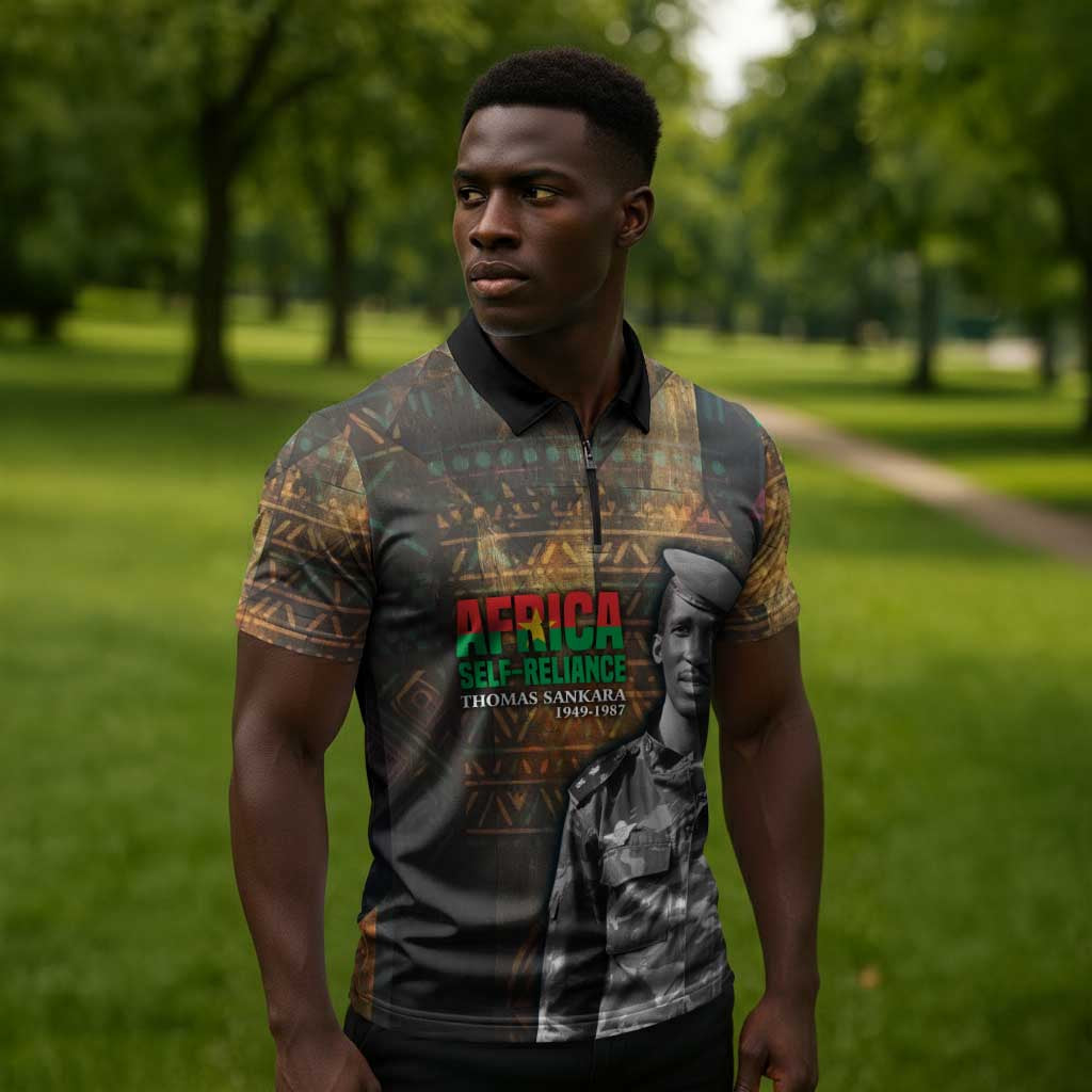 Thomas Sankara Zipper Polo Shirt Burkina Faso Africa Self-Reliance Message and Military Portrait - African Pride