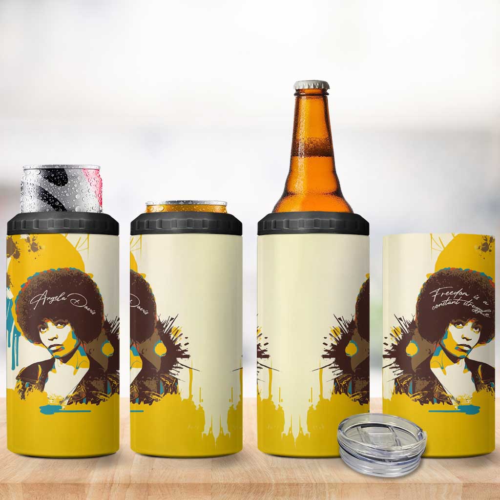 Angela Davis 4 in 1 Can Cooler Tumbler Bold Pop Art Style Freedom Is a Constant Struggle Quote Civil Rights Activist - African Pride