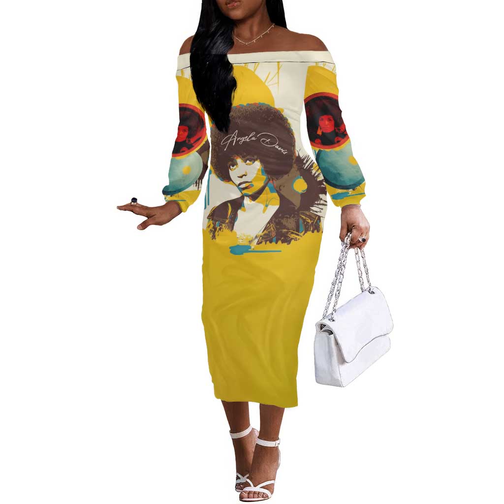 Angela Davis Off The Shoulder Long Sleeve Dress Bold Pop Art Style Freedom Is a Constant Struggle Quote Civil Rights Activist - African Pride