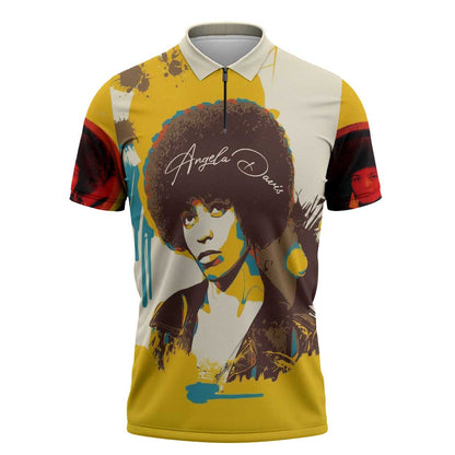 Angela Davis Zipper Polo Shirt Bold Pop Art Style Freedom Is a Constant Struggle Quote Civil Rights Activist - African Pride