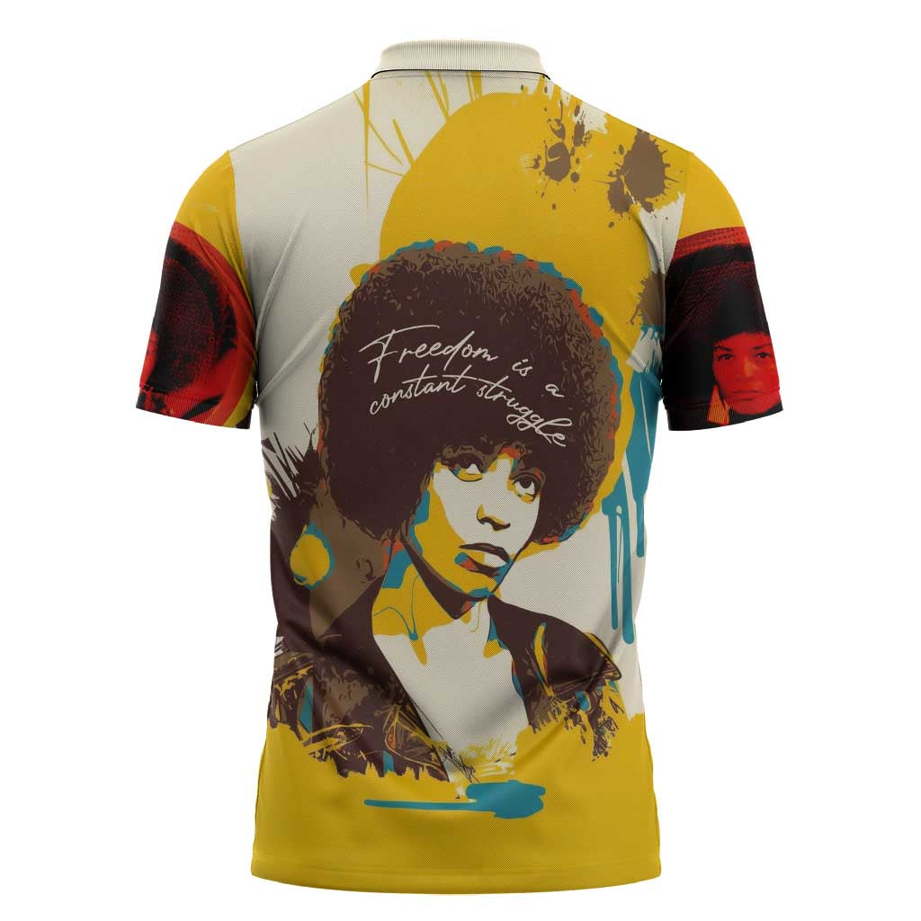 Angela Davis Zipper Polo Shirt Bold Pop Art Style Freedom Is a Constant Struggle Quote Civil Rights Activist - African Pride