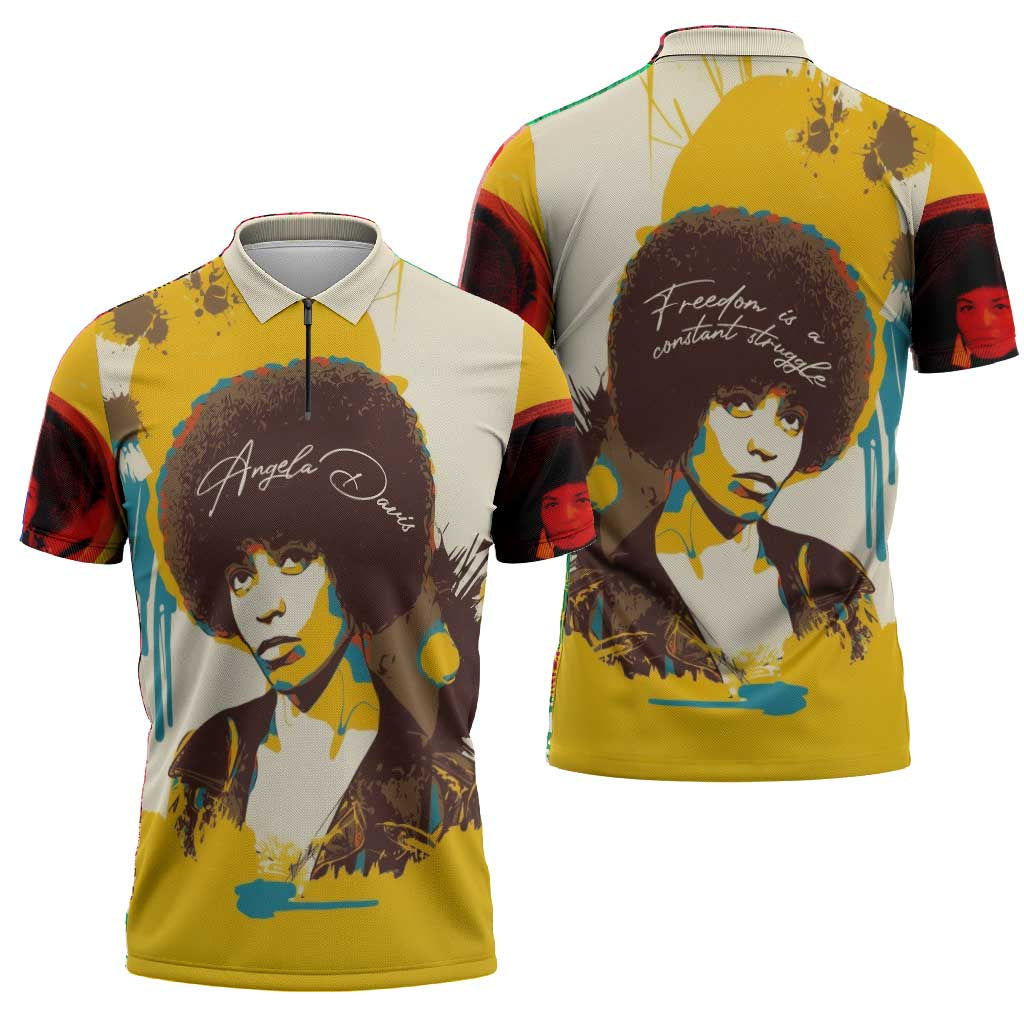 Angela Davis Zipper Polo Shirt Bold Pop Art Style Freedom Is a Constant Struggle Quote Civil Rights Activist - African Pride