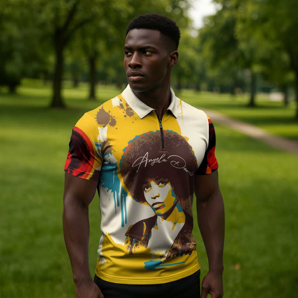 Angela Davis Zipper Polo Shirt Bold Pop Art Style Freedom Is a Constant Struggle Quote Civil Rights Activist - African Pride