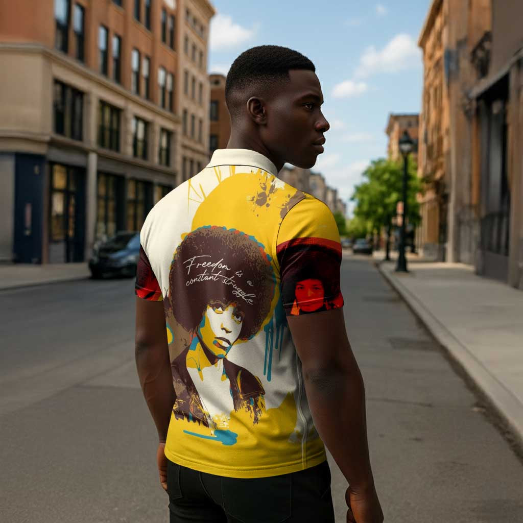 Angela Davis Zipper Polo Shirt Bold Pop Art Style Freedom Is a Constant Struggle Quote Civil Rights Activist - African Pride