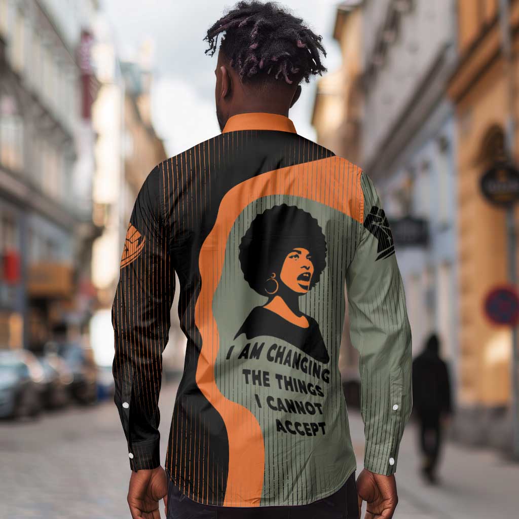 Angela Davis Long Sleeve Button Shirt Retro Graphic Design I Am Changing the Things I Cannot Accept Quote Civil Rights Empowerment Tribute - African Pride