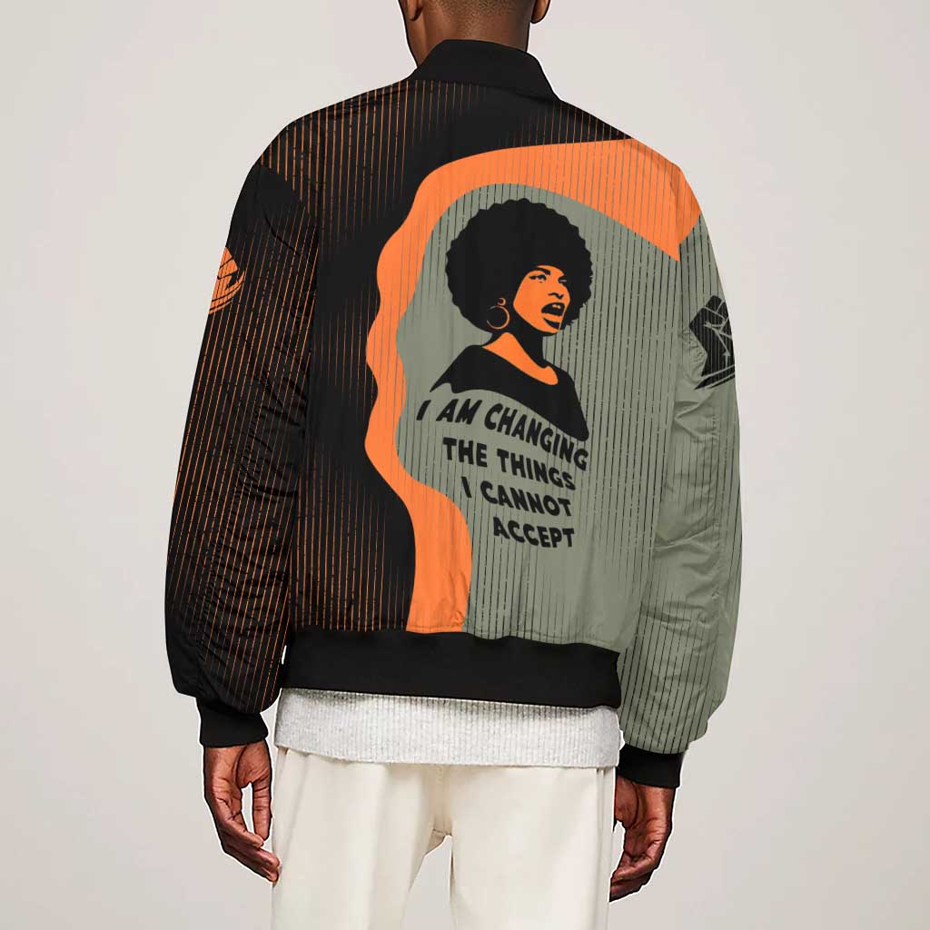 Angela Davis Sleeve Zip Bomber Jacket Retro Graphic Design I Am Changing the Things I Cannot Accept Quote Civil Rights Empowerment Tribute - African Pride