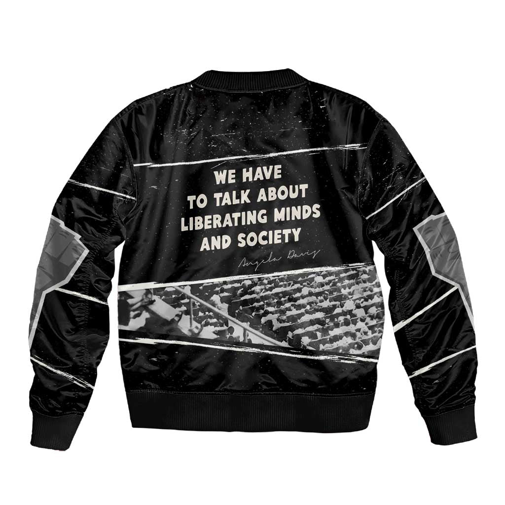 Angela Davis Sleeve Zip Bomber Jacket Protest Design Liberating Minds and Society Quote Civil Rights Movement - African Pride