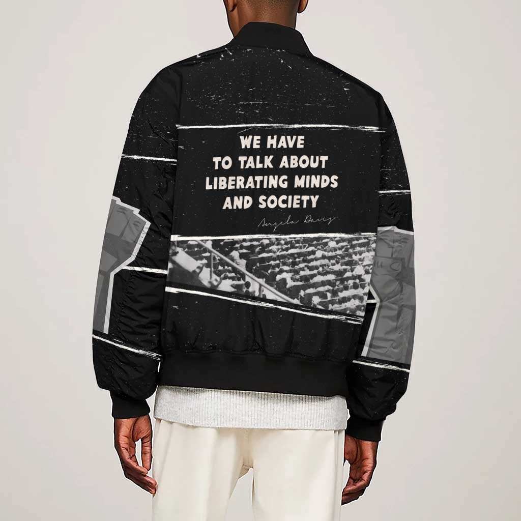 Angela Davis Sleeve Zip Bomber Jacket Protest Design Liberating Minds and Society Quote Civil Rights Movement - African Pride