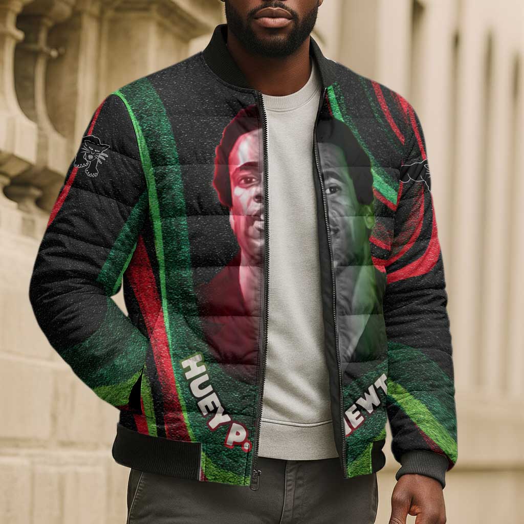 Huey P. Newton Bomber Puffer Jacket Swirl Design Black Panther Party Symbol Revolutionary Tribute - African Pride