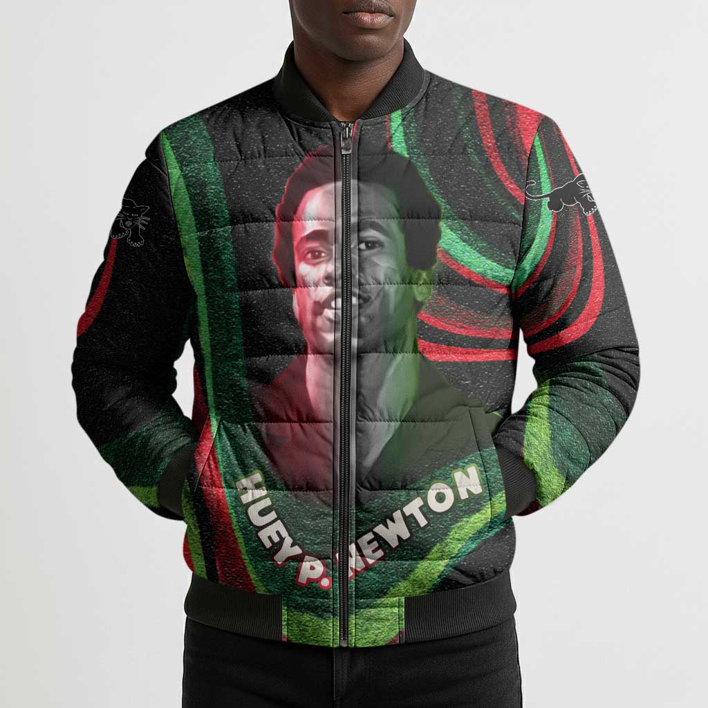 Huey P. Newton Bomber Puffer Jacket Swirl Design Black Panther Party Symbol Revolutionary Tribute - African Pride