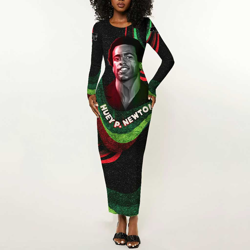 Huey P. Newton Long Sleeve Bodycon Dress Swirl Design Black Panther Party Symbol Revolutionary Tribute - African Pride