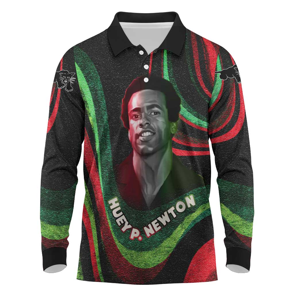 Huey P. Newton Long Sleeve Polo Shirt Swirl Design Black Panther Party Symbol Revolutionary Tribute - African Pride
