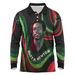 Huey P. Newton Long Sleeve Polo Shirt Swirl Design Black Panther Party Symbol Revolutionary Tribute - African Pride