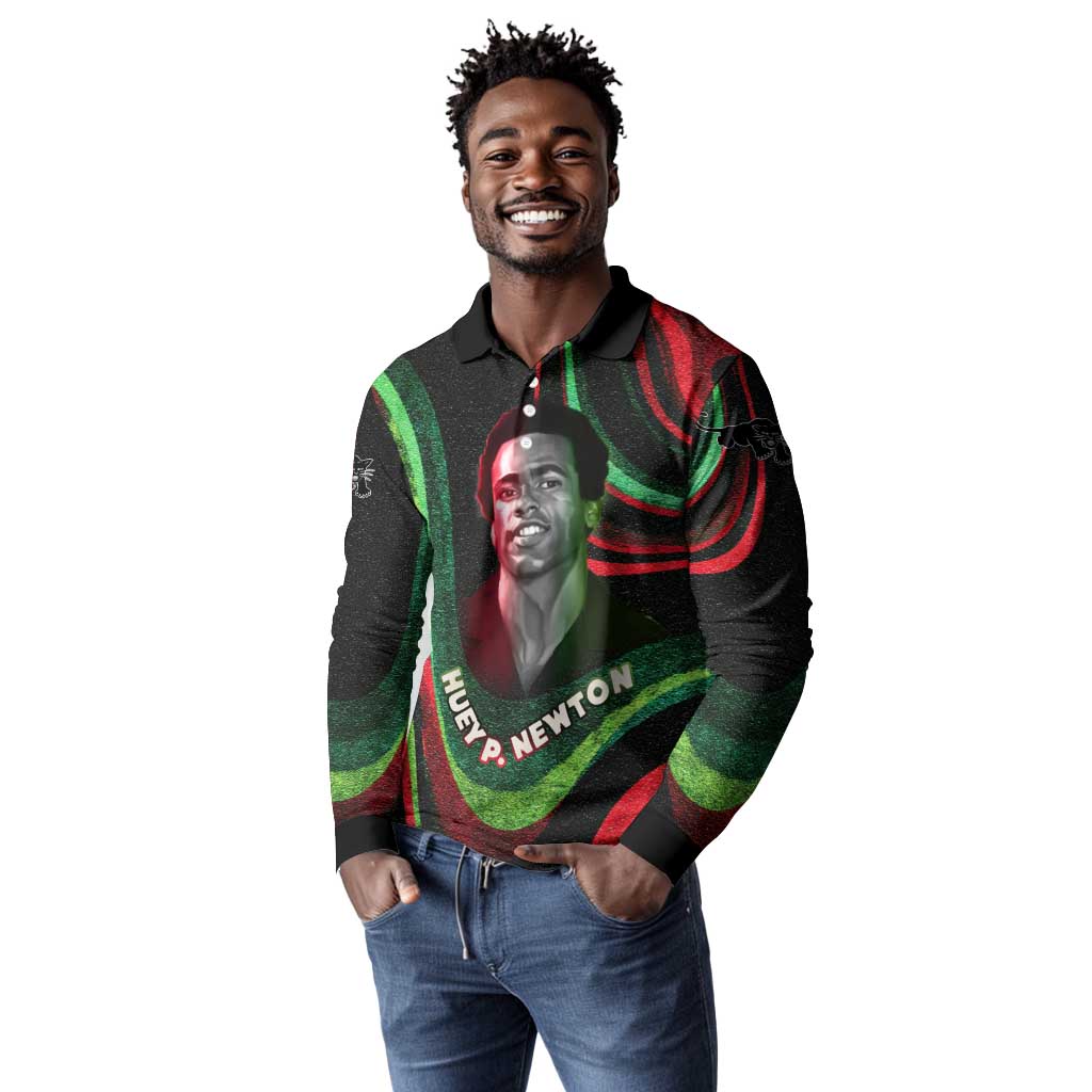 Huey P. Newton Long Sleeve Polo Shirt Swirl Design Black Panther Party Symbol Revolutionary Tribute - African Pride