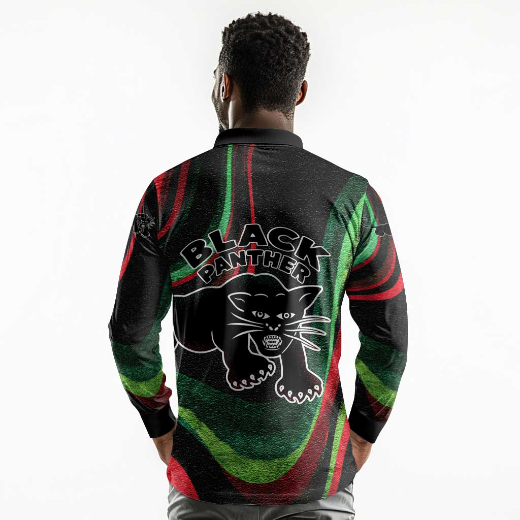 Huey P. Newton Long Sleeve Polo Shirt Swirl Design Black Panther Party Symbol Revolutionary Tribute - African Pride