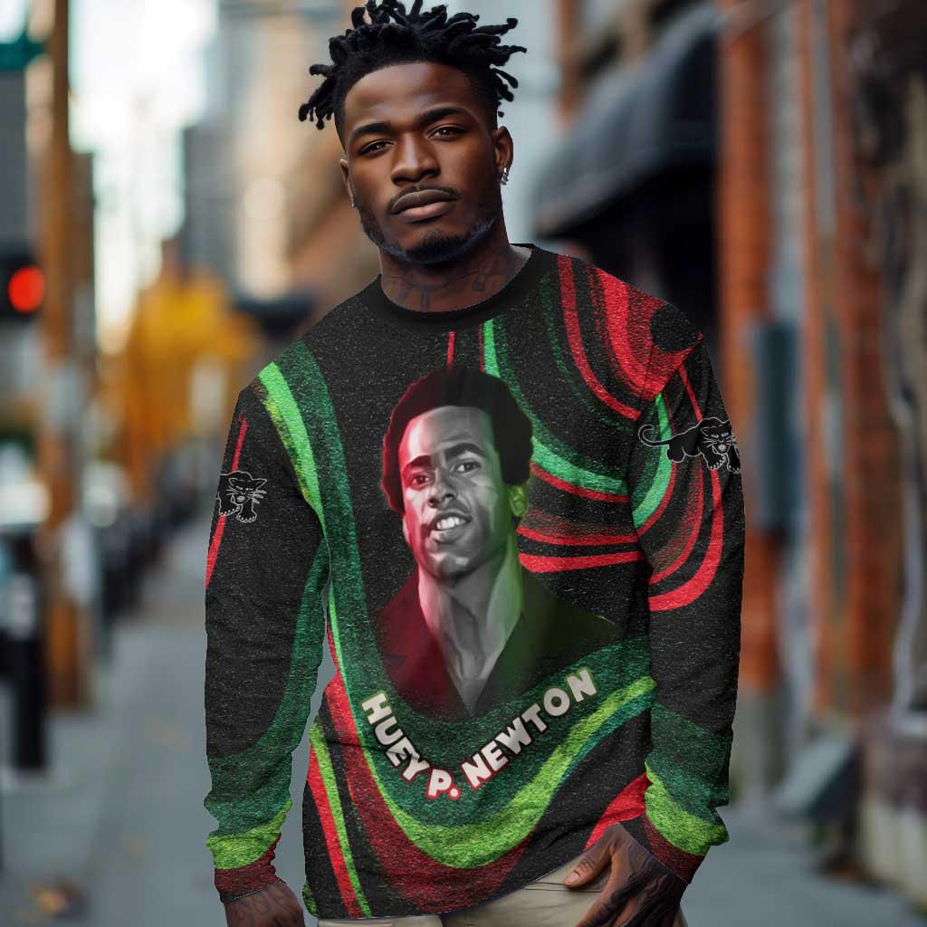 Huey P. Newton Long Sleeve Shirt Swirl Design Black Panther Party Symbol Revolutionary Tribute - African Pride