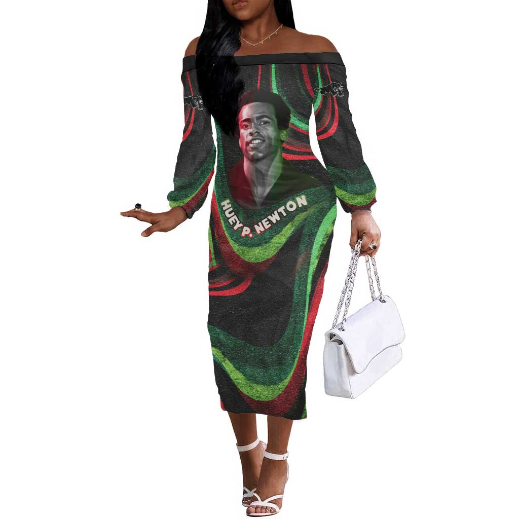 Huey P. Newton Off The Shoulder Long Sleeve Dress Swirl Design Black Panther Party Symbol Revolutionary Tribute - African Pride