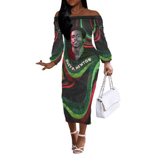 Huey P. Newton Off The Shoulder Long Sleeve Dress Swirl Design Black Panther Party Symbol Revolutionary Tribute - African Pride