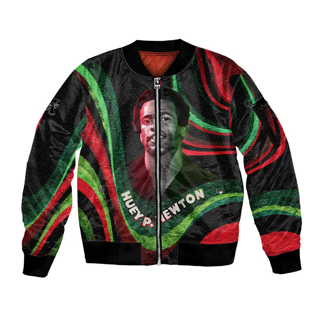 Huey P. Newton Sleeve Zip Bomber Jacket Swirl Design Black Panther Party Symbol Revolutionary Tribute - African Pride