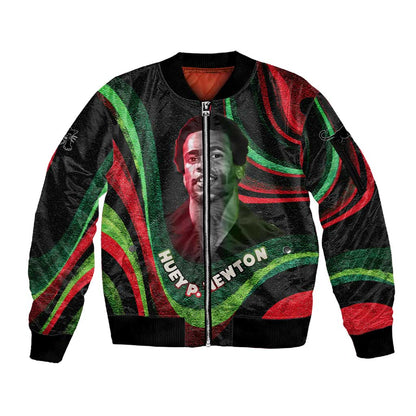 Huey P. Newton Sleeve Zip Bomber Jacket Swirl Design Black Panther Party Symbol Revolutionary Tribute - African Pride