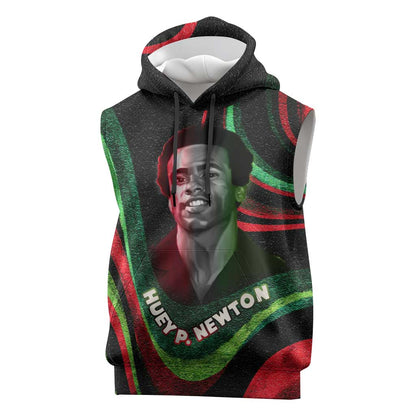 Huey P. Newton Sleeveless Hoodie Swirl Design Black Panther Party Symbol Revolutionary Tribute - African Pride