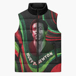 Huey P. Newton Sleeveless Puffer Jacket Swirl Design Black Panther Party Symbol Revolutionary Tribute - African Pride