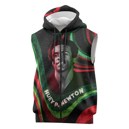 Huey P. Newton Sleeveless Zip Hoodie Swirl Design Black Panther Party Symbol Revolutionary Tribute - African Pride